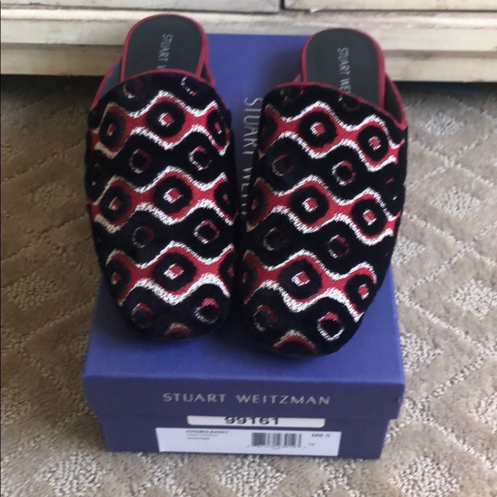 Stewart Weitzman red/black/gold mules.